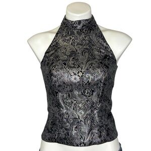 Vintage Y2K Halter Top MICHAELANGELO Metallic Floral Cropped Black Silver Size 4